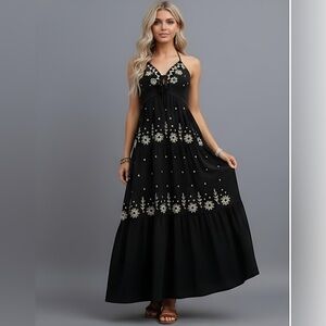 Boho Floral Embroidered Halter Dress